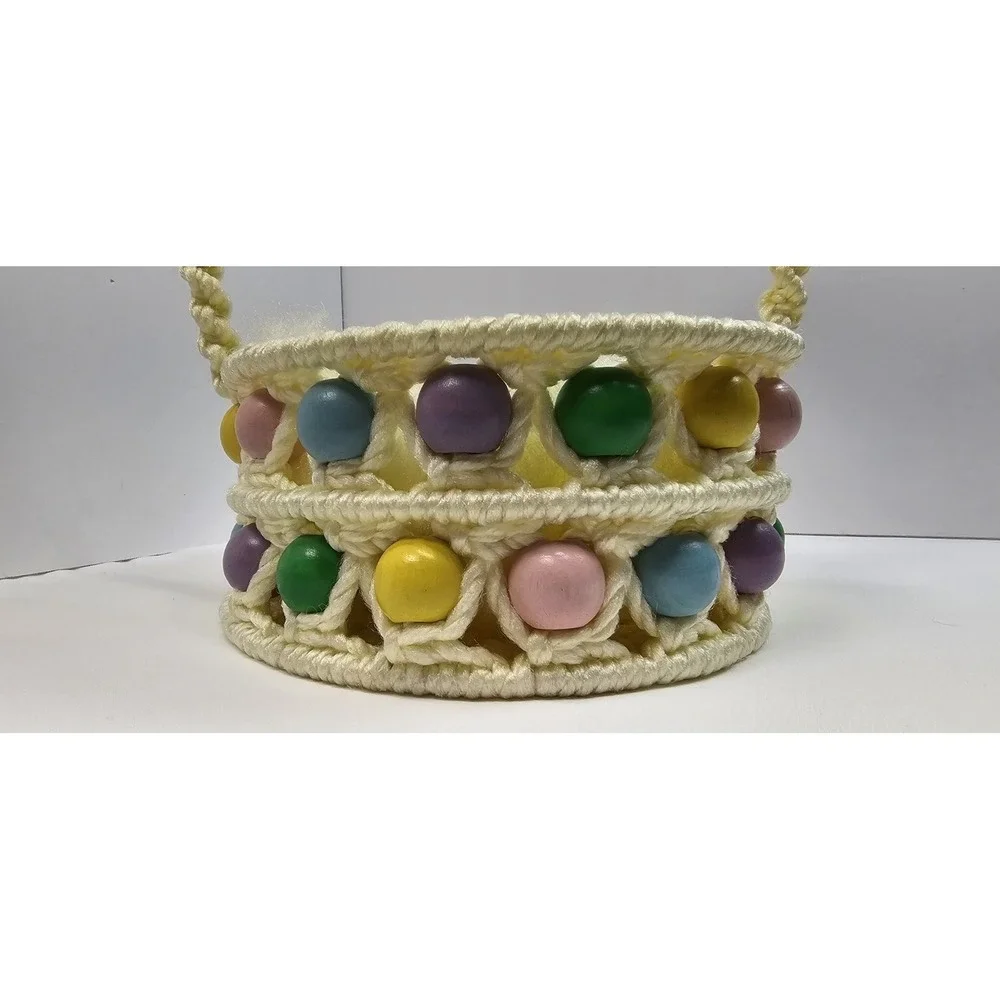 Vintage MCM‎ Macrame Easter Basket Pastel Wooden Beads Handmade Boho Decor 12